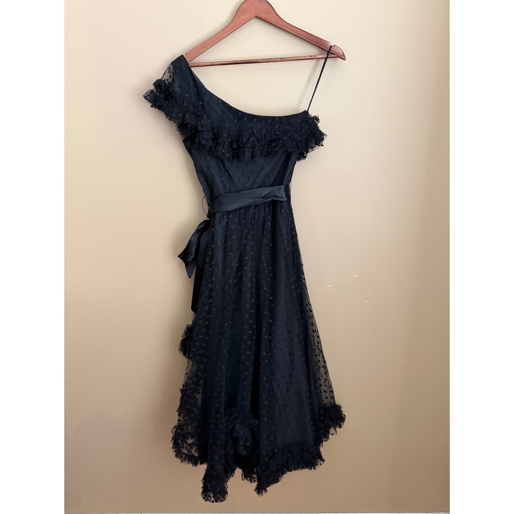 VTG 80s Black Swiss Tulle Dot One Shoulder Cocktail Dress Size 10 Whimsigoth - Picture 6 of 10